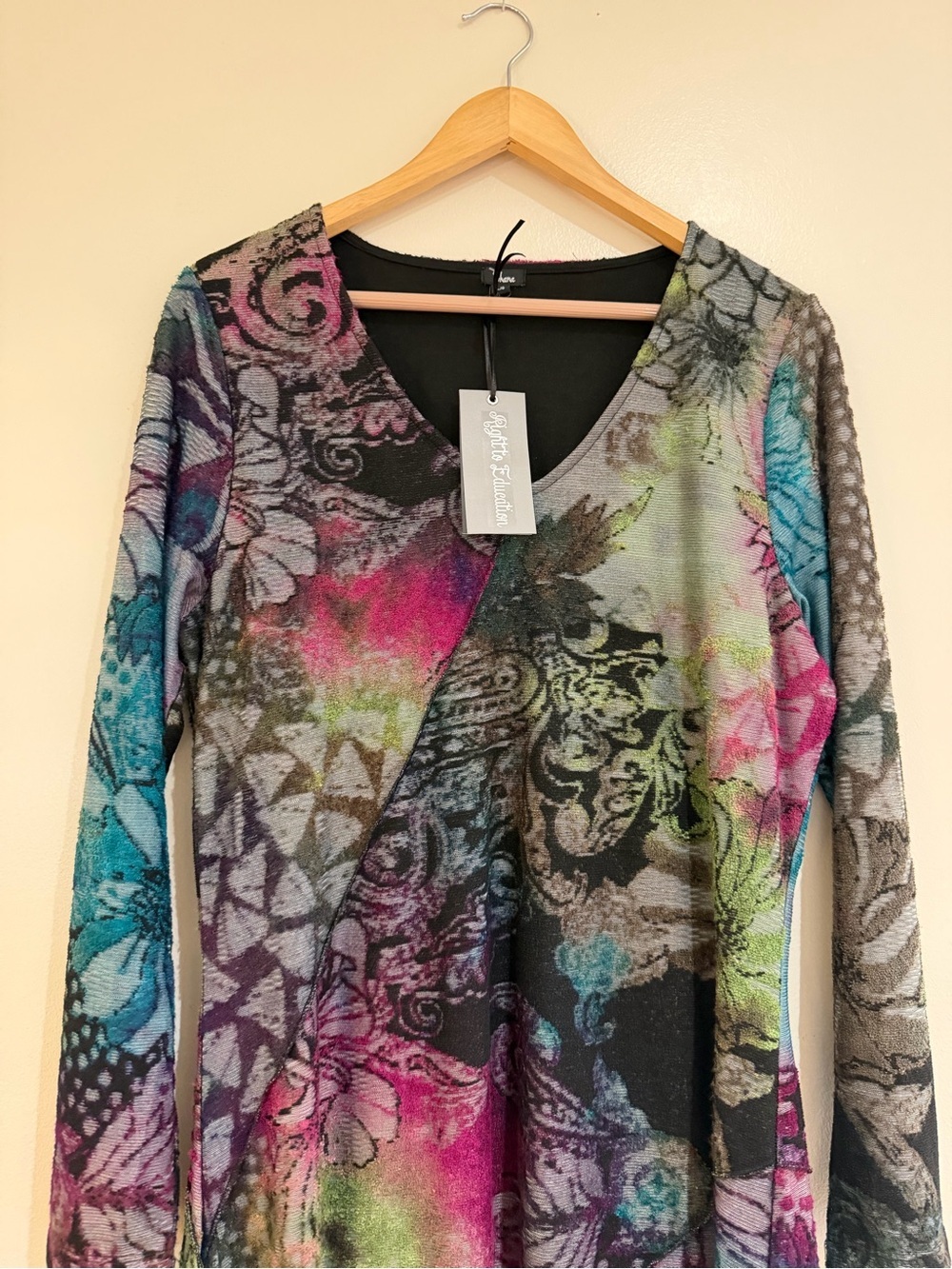 NWT Shana Long-Sleeve V-Neck Floral Abstract Midi Dress in Multicolor‎ large - Picture 5 of 12
